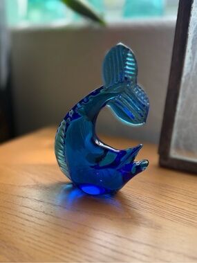 Vintage Cobalt Blue Dolphin Glass Figurine by Pilgrim Art, Handblown Sculpture